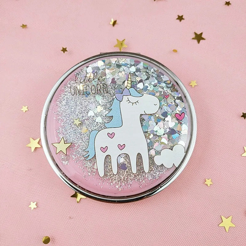 CASHOU148 Cartoon Double-Sided Unicorn Makeup Mirror Compact Pocket Mirror Mini Folding Cosmetic Mirror Gifts with Flowing Sparkl