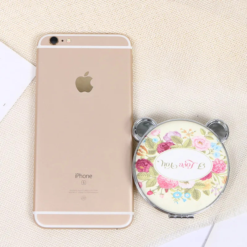 CASHOU157 Mini Retro Makeup Mirror panda Makeup Compact Pocket Flower Mirror Portable Double-Sided Folding Cosmetic Mirror