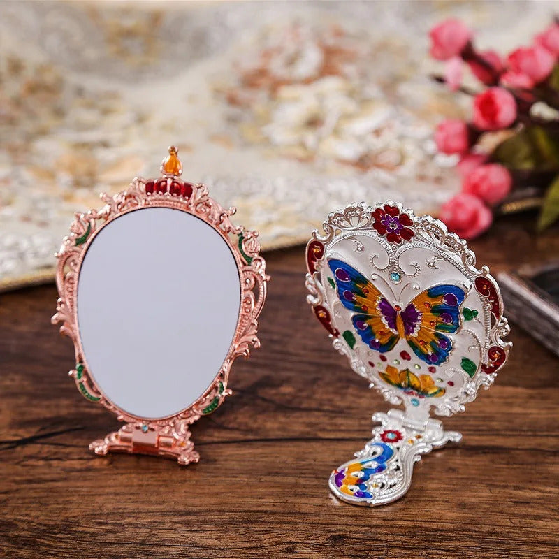 TSHOU1193  Handle Mirror Comb Retro Euporen 3D Portable Standing Makeup Mirror Set Foldable Desktop Princess Mirro with Storage Gift