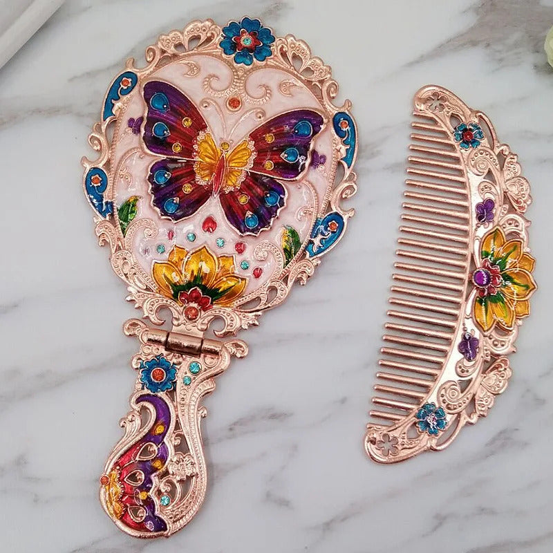 L327 Handle Mirror Comb Retro Euporen 3D Foldable Desktop Princess Mirro with Storage Gift Box Portable Standing Makeup Mirr