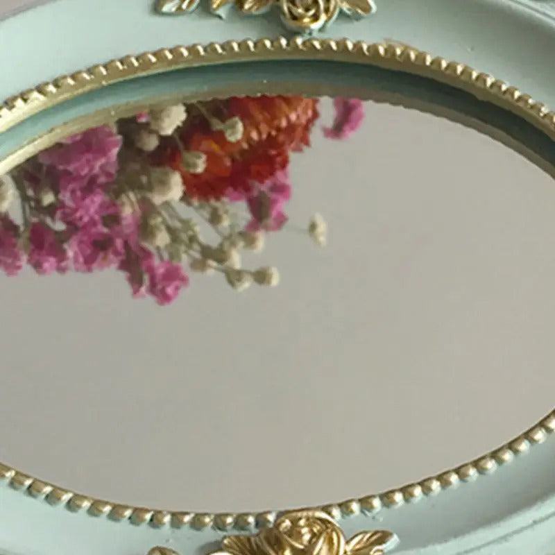 CX119 European Style Vintage Handheld Roses Mirror Princess Women Girls Oval Vanity Makeup Cosmetic Tool with Anti-Slip Handle