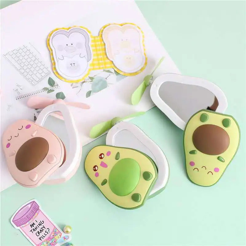 TSHOU1043  Makeup Mirror Portable Avocado Shape Handheld Mini Air Cooler Fan with Fill Light Mirror USB Three Way Fill Light Make-up
