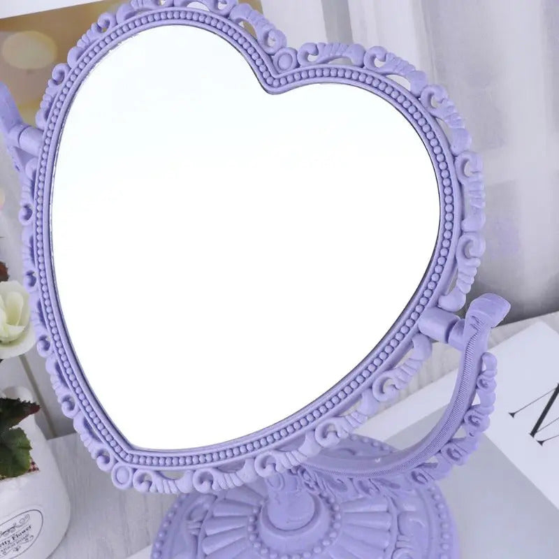 CX130 2Sides Heart-shaped Makeup Mirror Rotatable Stand Table Compact Mirror Dresser