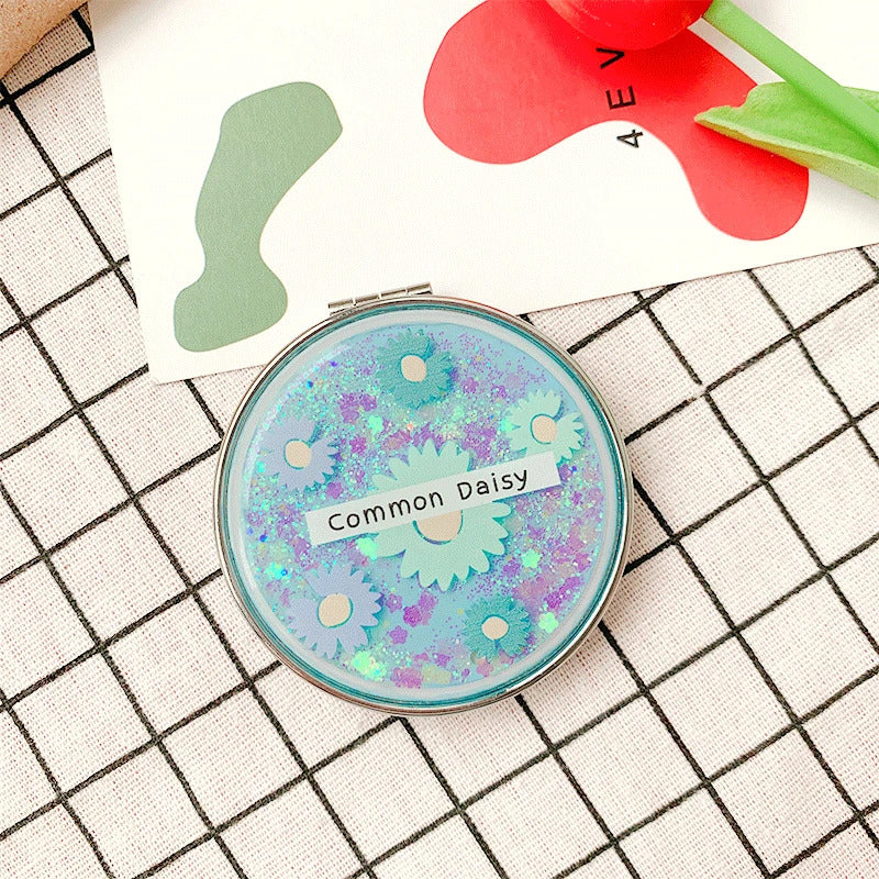 TSHOU971 Portable Double-Sided Folding Cosmetic Mirror Girl Gift Flowing Sparkling Sand Mini Avocado Makeup Mirror Compact