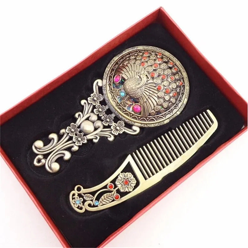 L246 Classic Chic Retro Vintage Pocket Mirror Compact Makeup Mirrors Comb Set Hand Make Up Bronze Hollowed-Out