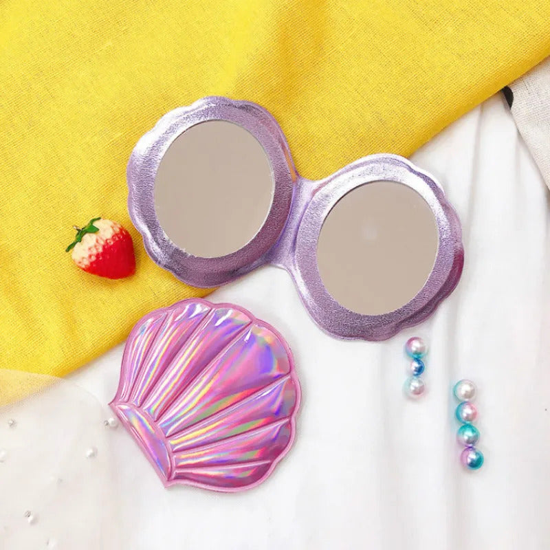 TSHOU858 New 2X Magnifying Shell Shape Makeup Mirror Portable Makeup Vanity Foldable Laser Pocket Mirror Cosmetic Hand Compact
