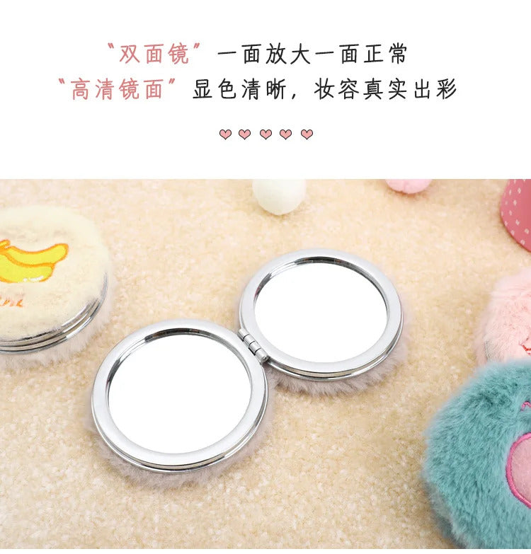 TSHOU667 Women Girls Plush Mini Round Folding Pocket Mirror Cartoon Fruit Animal Embroidery Portable Double Sided Magnifying