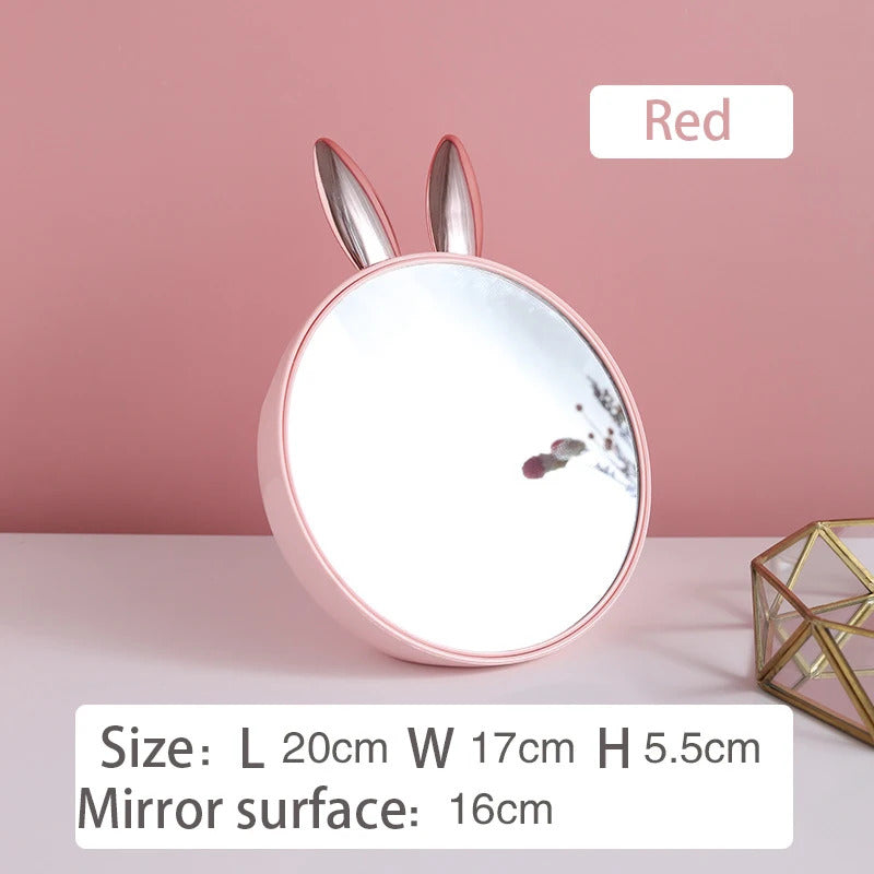 CASHOU29 Round Makeup Mirror with Cosmetic Storage Box Creativity Cute Rabbit Ear Design Make Up Standing Mirror with Brush