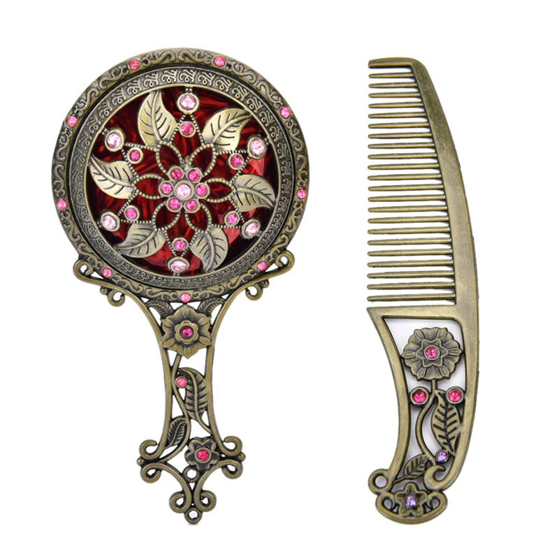 L246 Classic Chic Retro Vintage Pocket Mirror Compact Makeup Mirrors Comb Set Hand Make Up Bronze Hollowed-Out