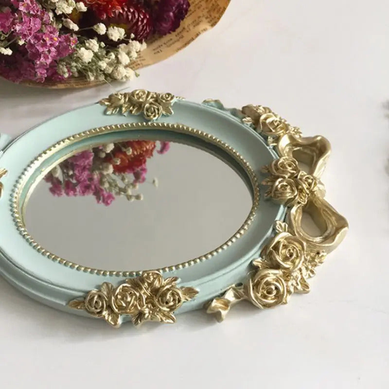 VAL12 European Style Vintage Handheld Roses Mirror Princess Women Girls Oval Vanity Makeup Cosmetic Tool with Anti-Slip Handle