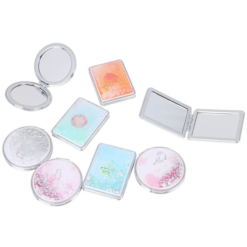 TSHOU921 Double-Sided Folding Cosmetic Mirror Mini Makeup Mirror Compact Pocket Mirror Female Gifts With Flowing Sparkling Sand