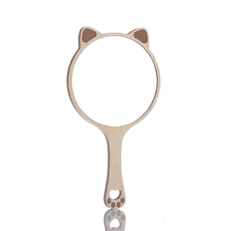 L56 Hand Mirrors Wood Creative Design Makeup Handheld Cosmetic Mirror with Handle Makeup Mirror Cute Cat Ear Mirror