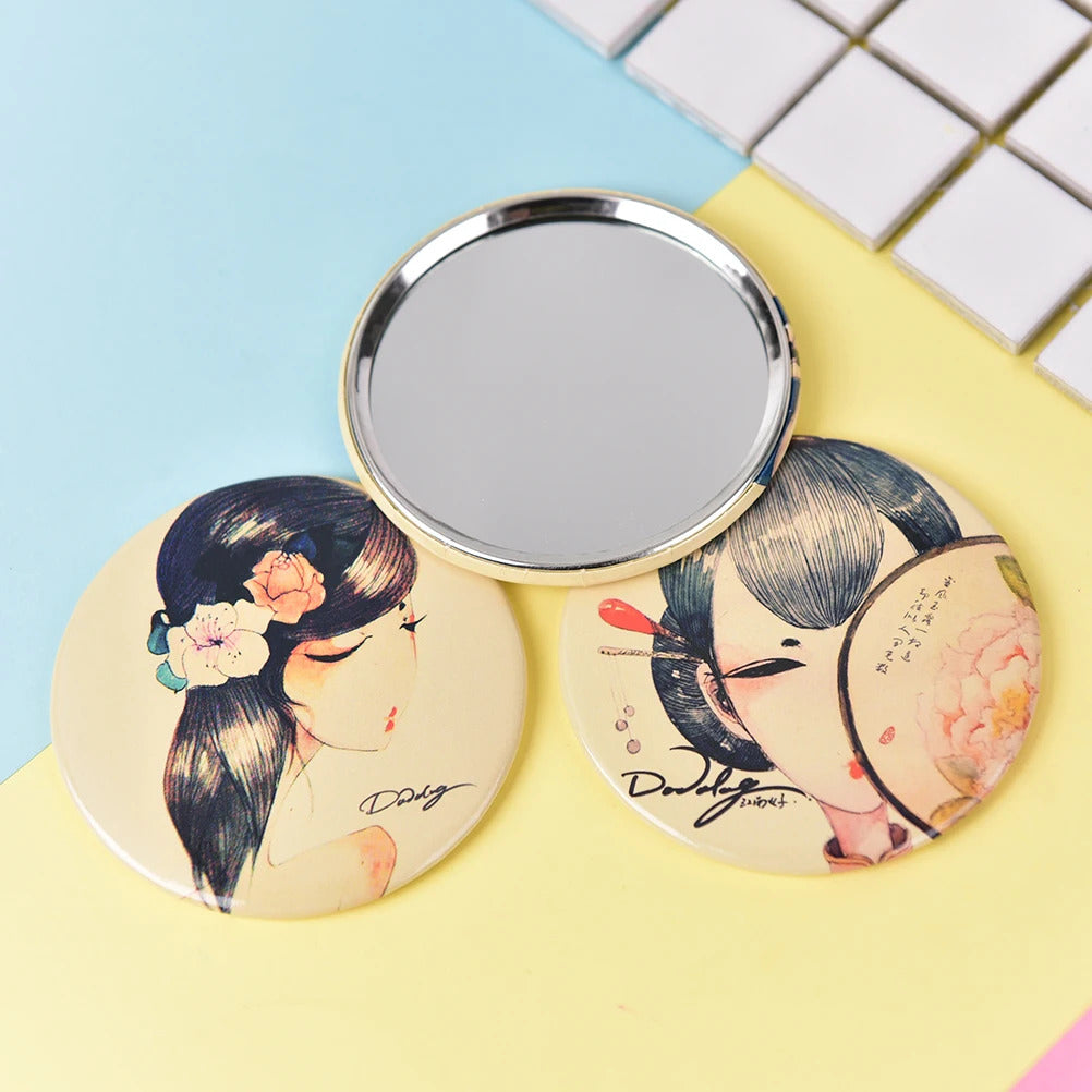 CX253 Round Cartoon Metal Mirrors Makeup Mirrors Portable Mini Pocket Makeup Mirror Cosmetic Compact For Girl's Gift Random