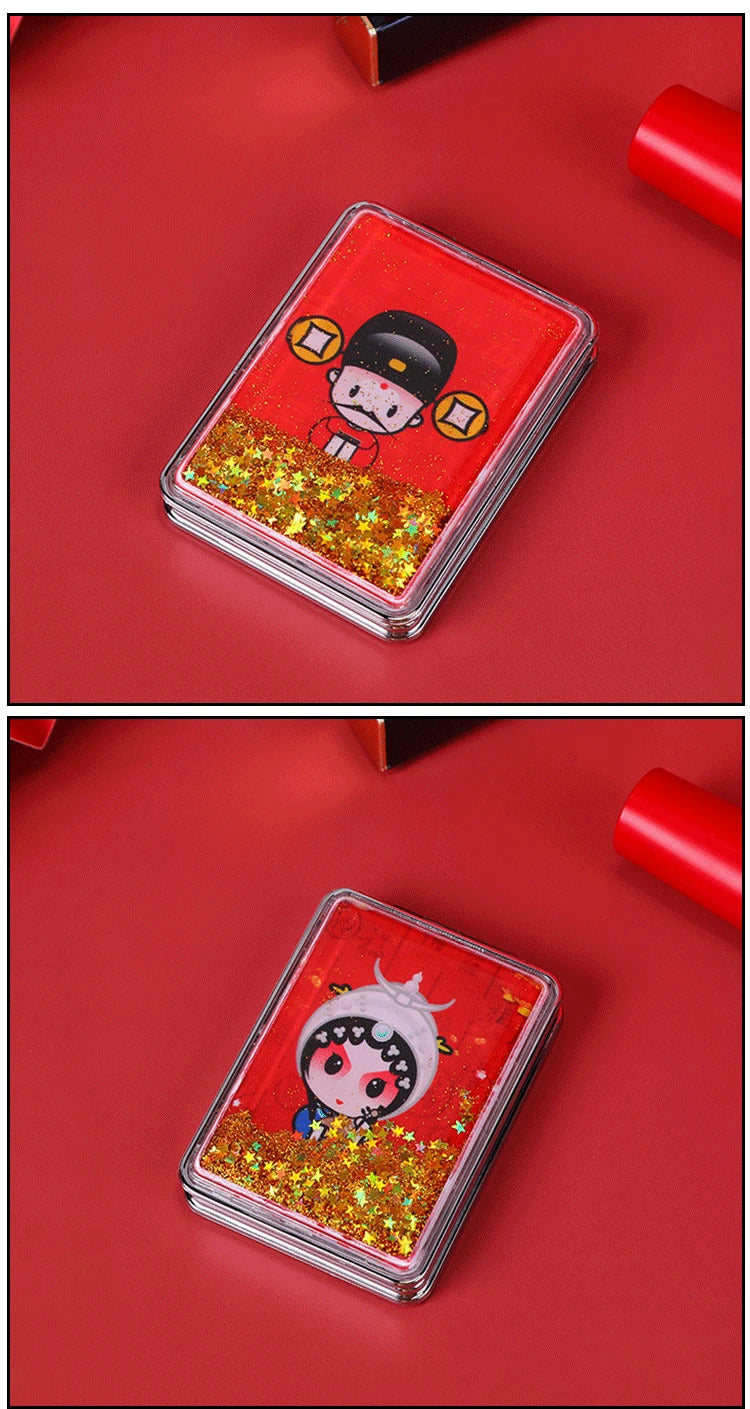 L80 Makeup Mirror Magnifying Quicksand Sequin Chinese Opera Doll Cartoon Pattern Portable Pocket Mirror Travel Creative Gifts