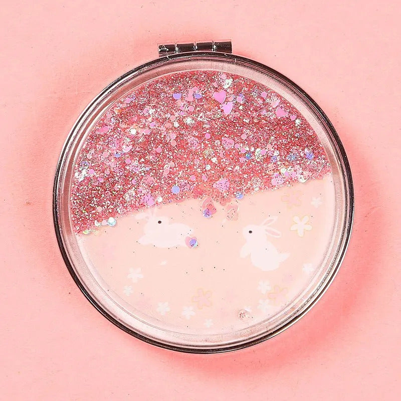 TSHOU924 Fashion 2-Face Mini Pocket Makeup Mirror Creative Cosmetic Compact Mirrors with Flowing Sparkling Sand Cartoon Pocket