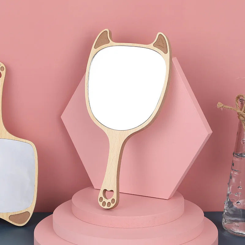 CX408  Hand Mirrors Wood Creative Design Makeup Handheld Cosmetic Mirror with Handle Makeup Mirror Cute Cat Ear Mirror