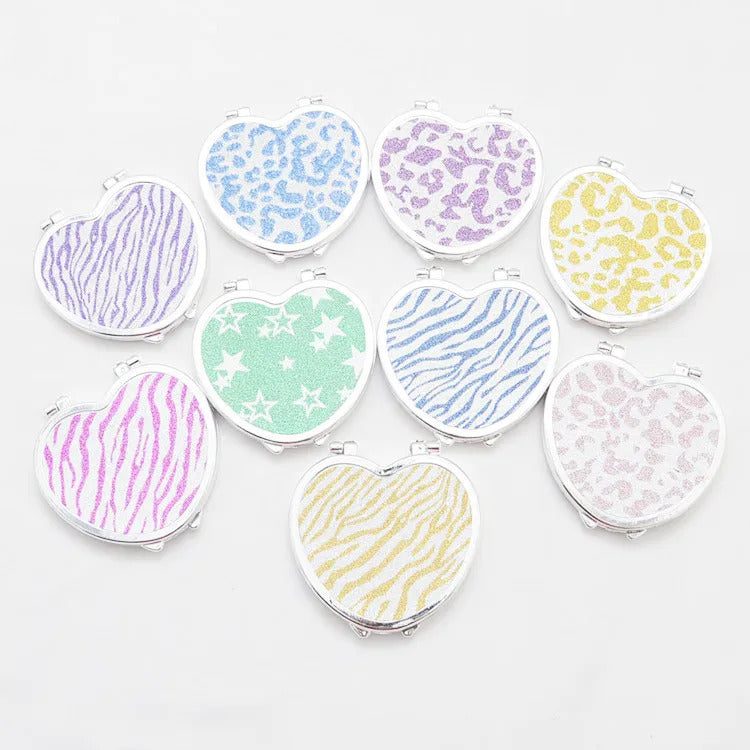 TSHOU917 Portable Pocket Mirror Heart Shaped Folding Double-sided Mirror Steel Makeup Mirrors Small Purse Mirror of Girls Women
