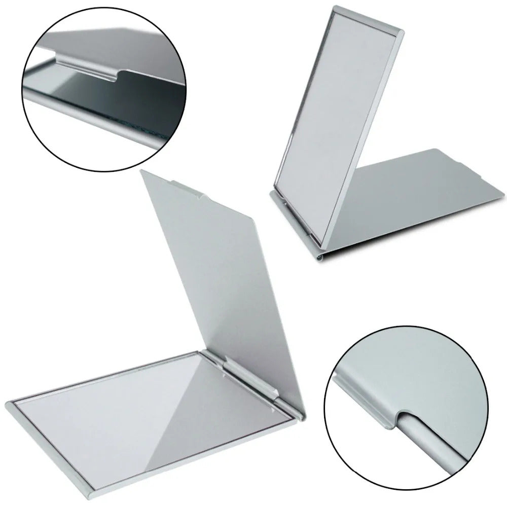 CX591 Rectangle Aluminium Alloy Cover Silver Ultra-thin Foldable Makeup Mirror 1 PC Unbreakable Pocket Cosmetic Mirror