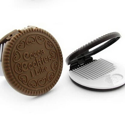 CX455  Women Makeup Tool Pocket Mirror Makeup Mirror Mini Dark Brown Cute Chocolate Cookie Shaped With Comb Lady