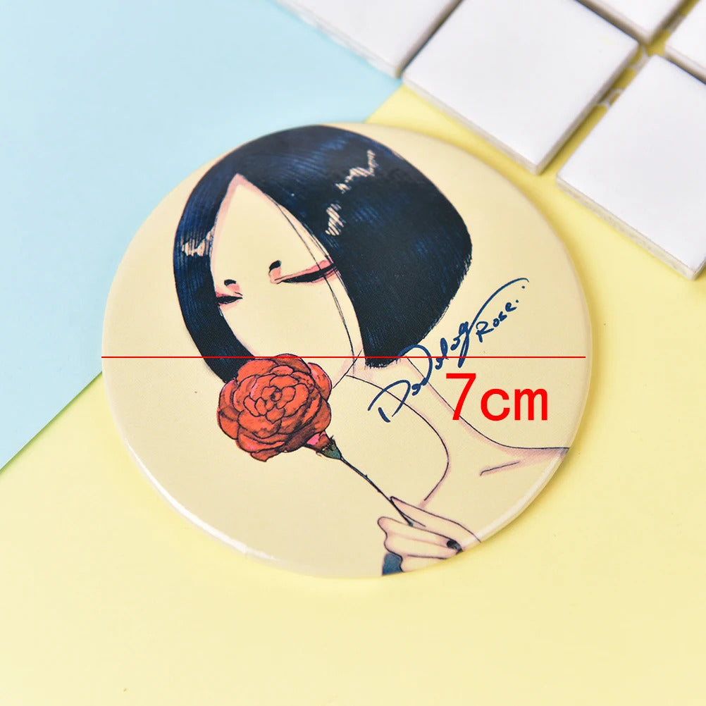 CX253 Round Cartoon Metal Mirrors Makeup Mirrors Portable Mini Pocket Makeup Mirror Cosmetic Compact For Girl's Gift Random