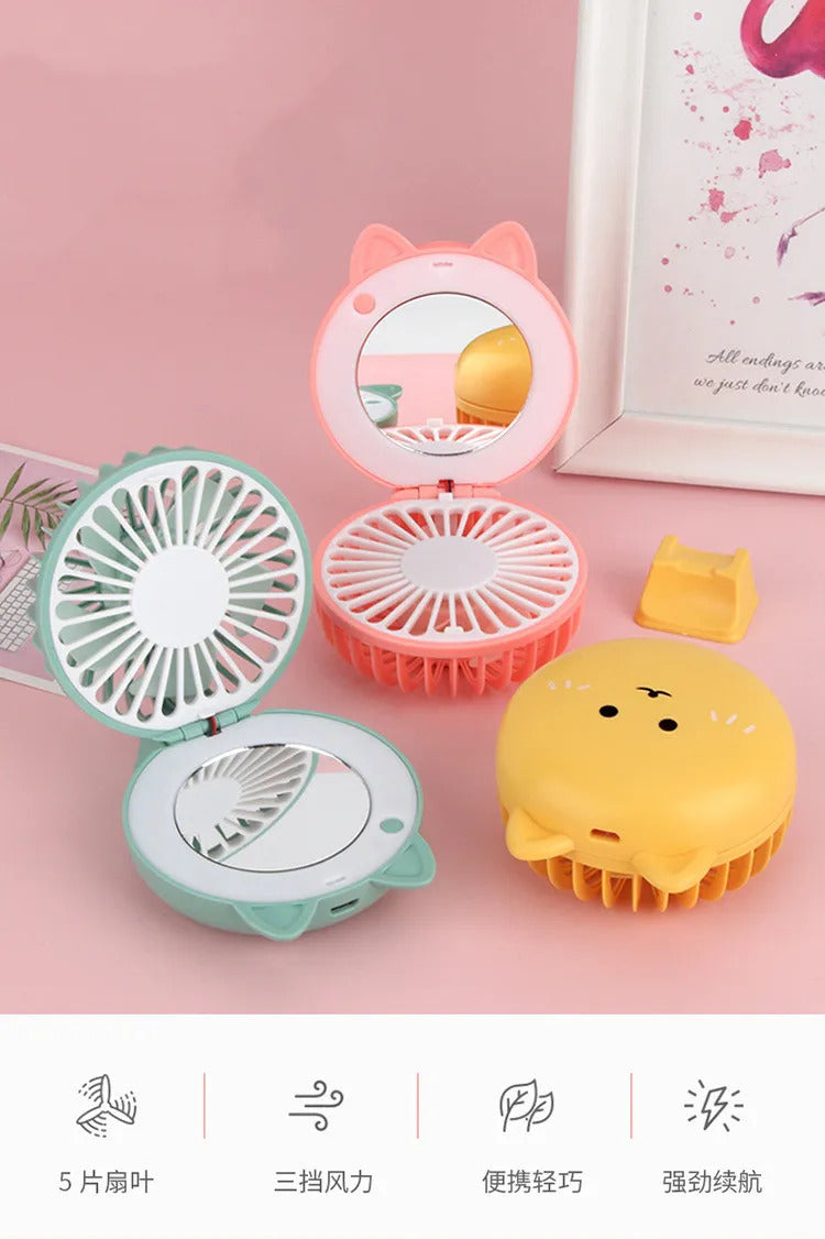 CX151 Cute Cat Portable Mini Pocket Fan Rechargeable LED Fill Light with Makeup Mirror Is Portable for- You To Put Into The Back