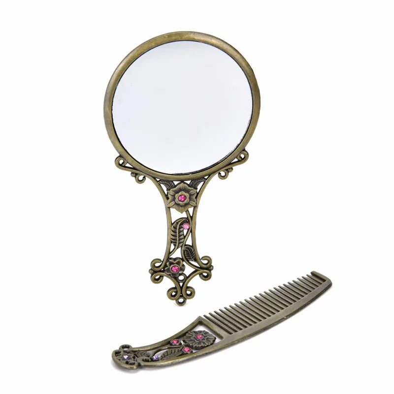 CX69 Women Chic Retro Vintage pocket Mirror Compact Makeup Mirrors Comb Set Hand Make Up Bronze Hollowed-Out Make Up