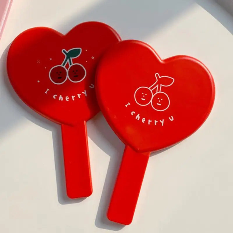 FEN159 Lovely Vintage Heart-Shaped Red Handheld Mirror Cartoon Cherry Printed Compact Travel Cosmetic Makeup Tool with Handle