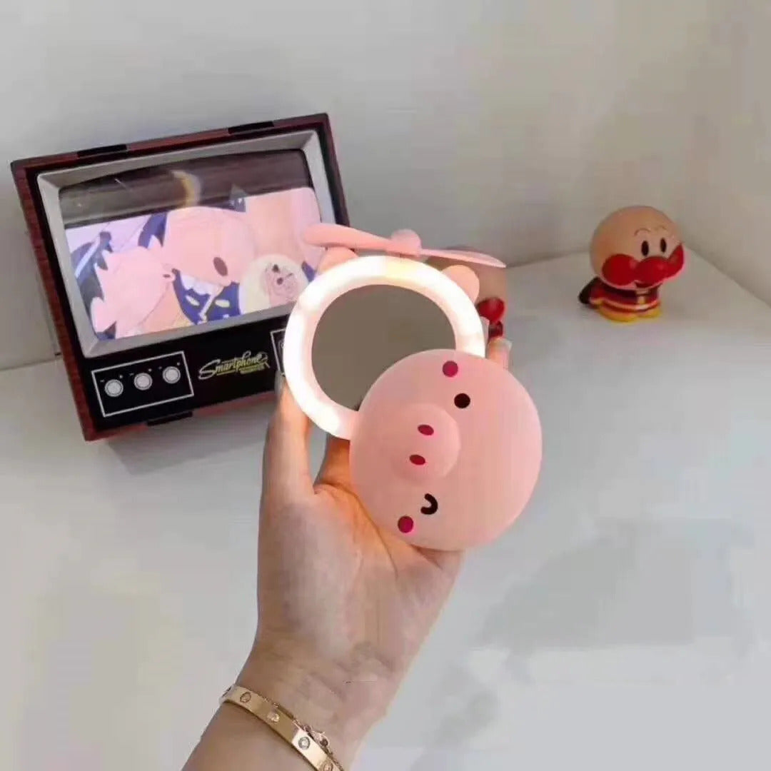 L660 Cartoon Cute Piggy Mini Cosmetic Mirror Compact Portable Pocket Makeup Mirrors Cooling Fan Light Handheld USB Recharge