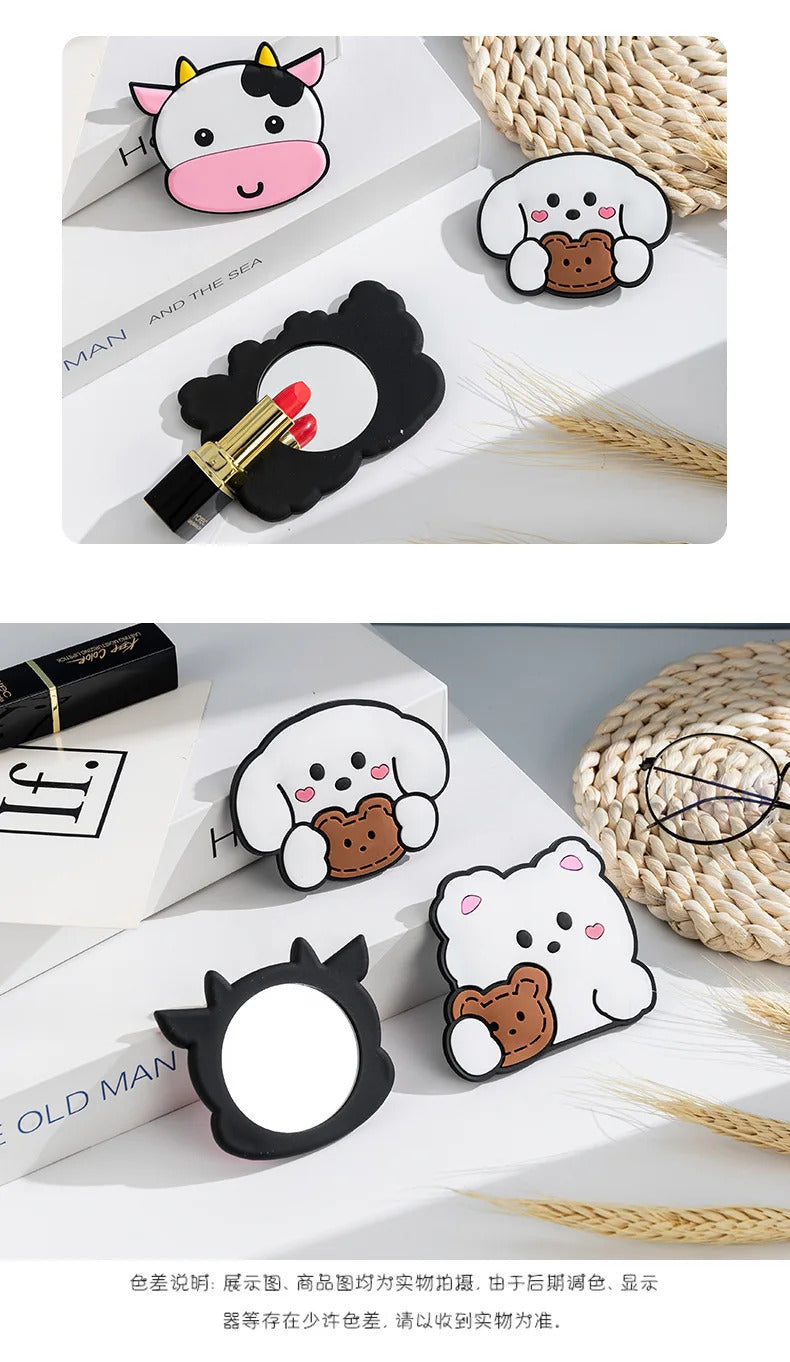 DSHOU183 Portable Cute Mini Mirror Cartoon Little Rabbit Bear Pattern Gift for Little Girls Silicone Purse Mirror