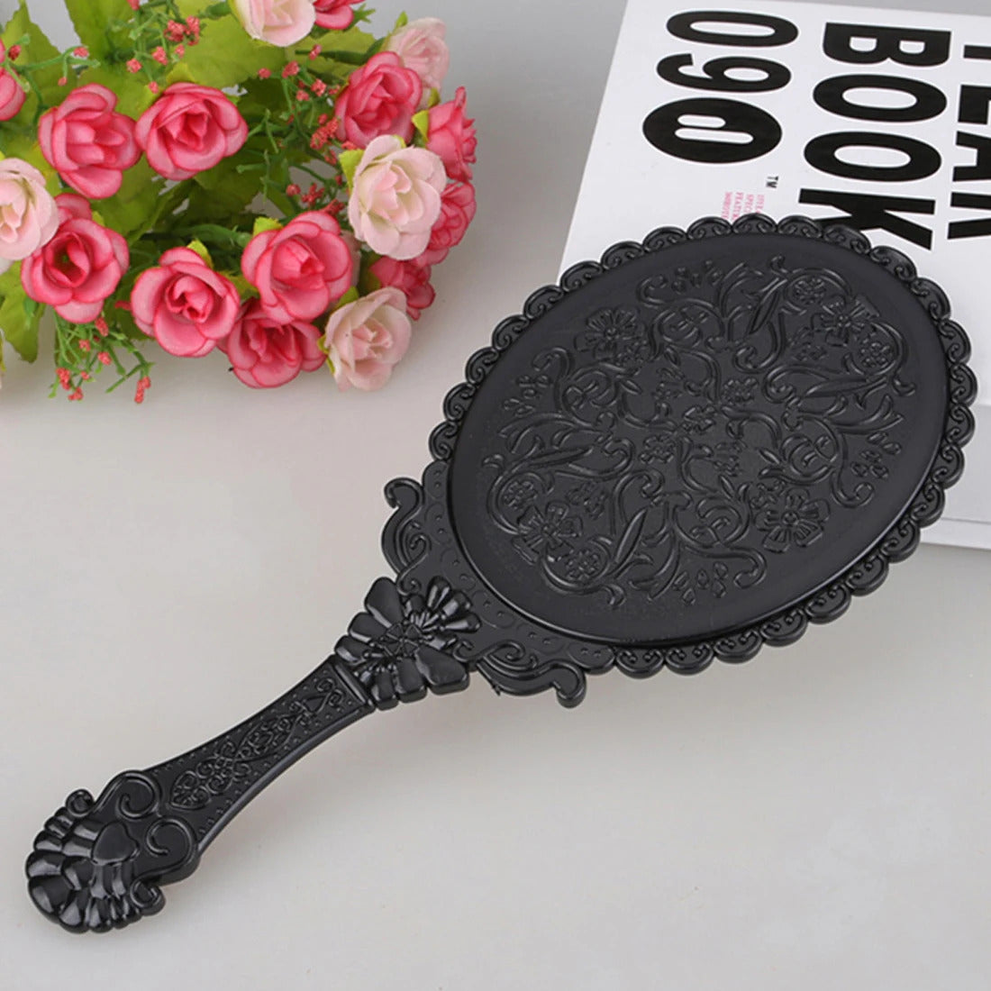 cshou389  hot European Style Vintage Handheld Roses Mirror Princess Women Girls Oval Vanity Makeup Cosmetic Tool with Anti-Slip