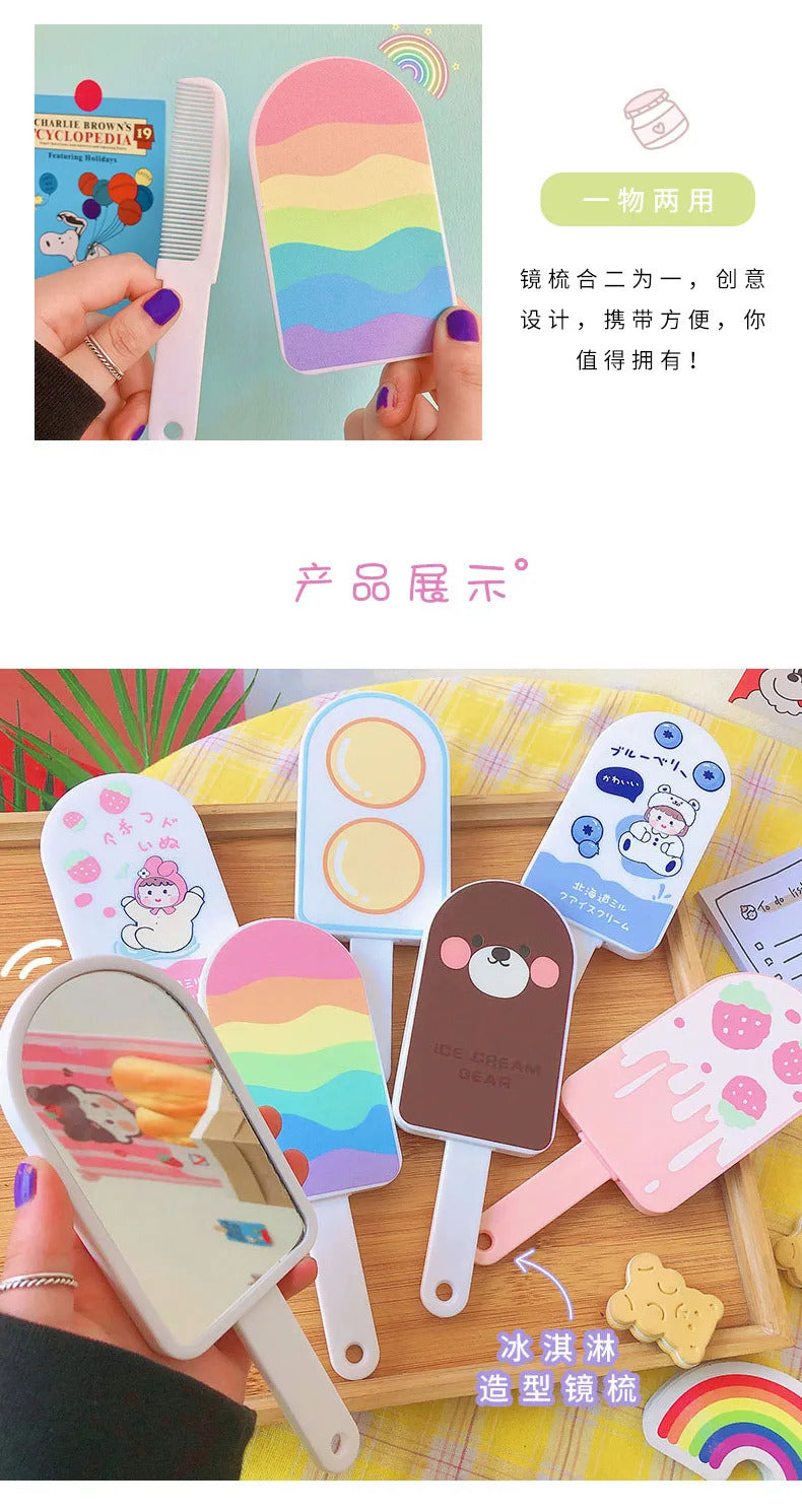 L661 Cartoon Makeup Handle Mirror with Comb Creative Design Comb Mirror Set with Handle Cute Mirror Portable Children Gifts Trave