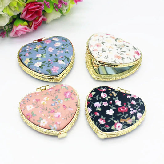 DSHOU257 Makeup Mirror Folding Flower Vintage Two-side Folding Round Heart-shaped Floral Cloth Pocket Mirror Portable Mini Cosmetic