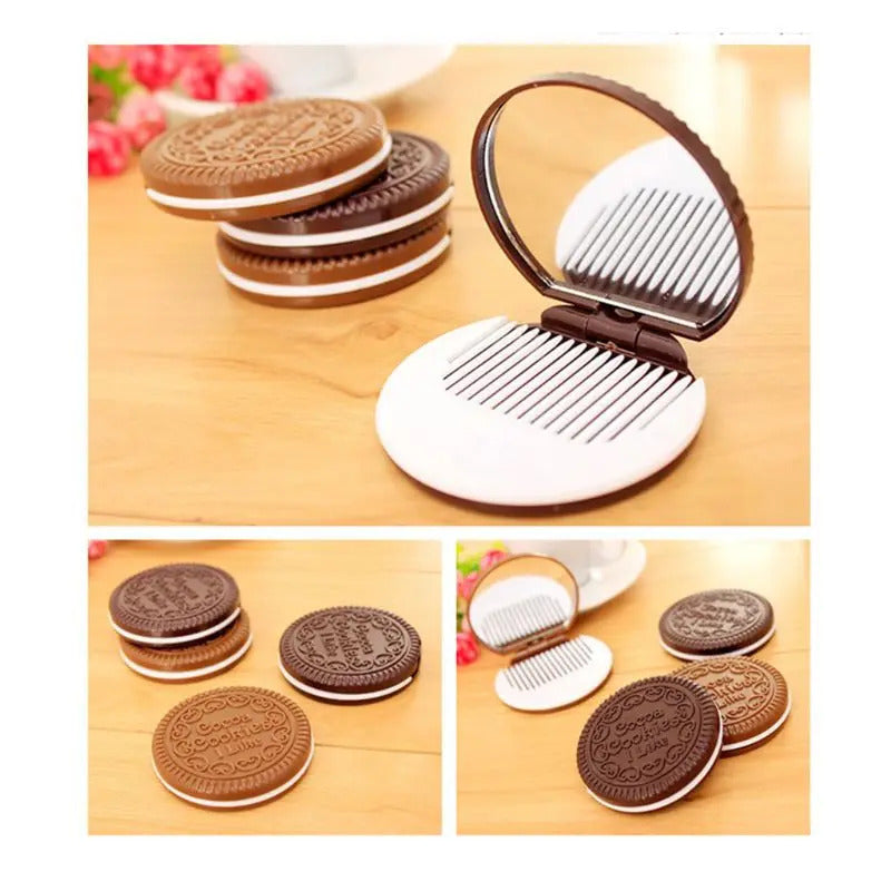 L270 Women Girls Chocolate Cookie Mini Pocket Mirror With Comb Princess Portable Sandwich Biscuit Shape Makeup Cosmetic Folding