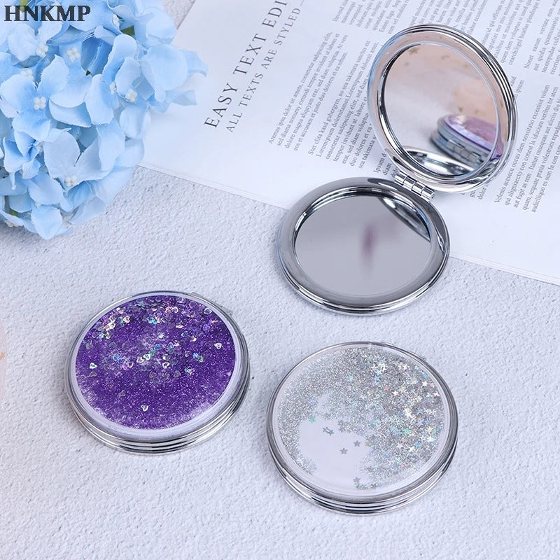 TSHOU535 Portable Double-Sided Mini Makeup Mirror Compact With Flowing Sparkling Sand Pocket Mirror Folding Cosmetic Mirror