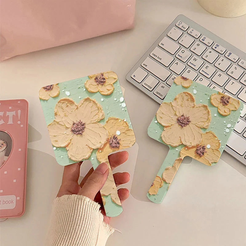 L575  Square Handheld Vanity Mirror Makeup Mirror Portable Fashion Ins Flower Pattern Compact Handle Mirror for Girls Travel Tools