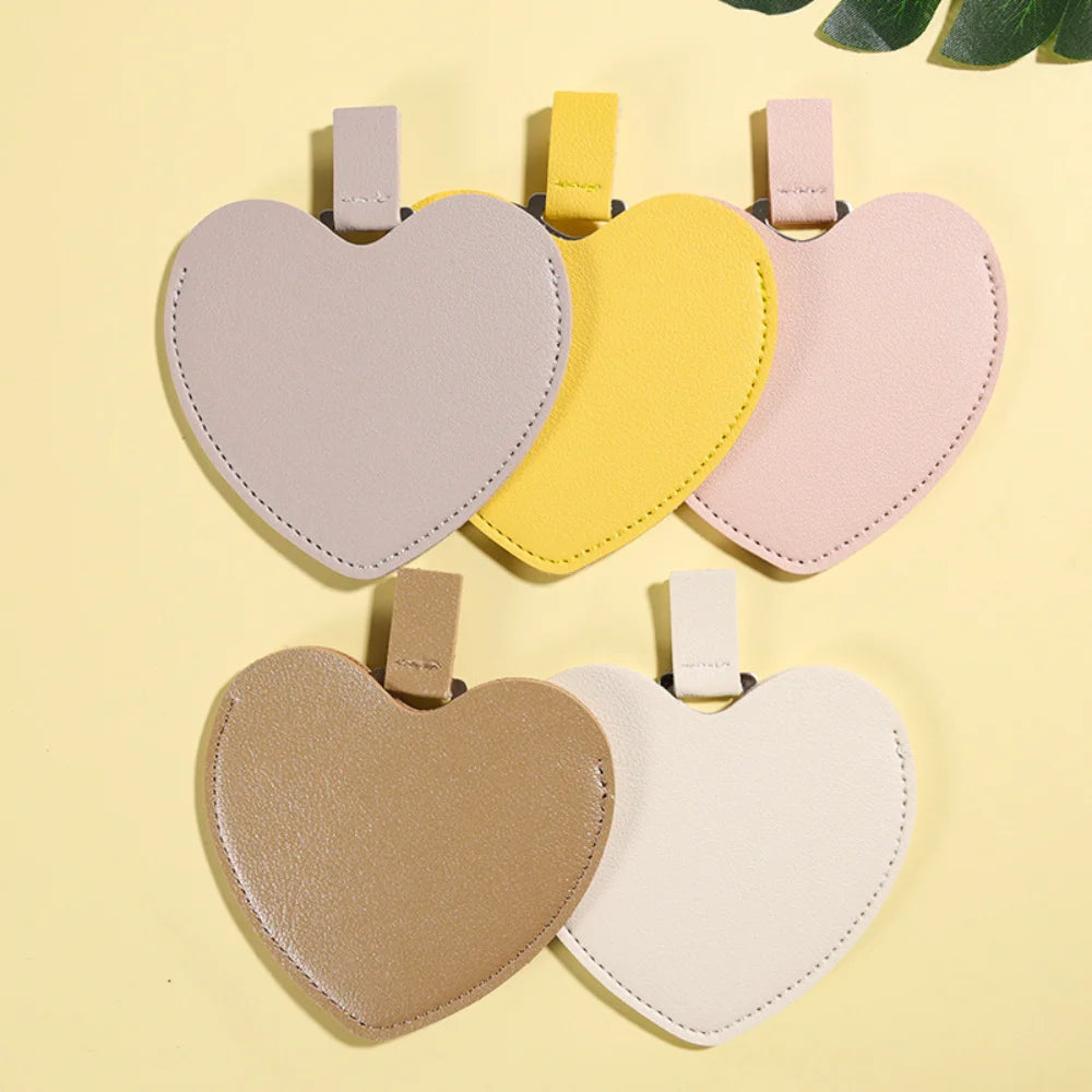 CASHOU194  Love Heart Shaped Makeup Mirror Stainless Steel Ultra-thin Cosmetic Mirrors Mini Potable Pocket Mirror with PU Leather Bag