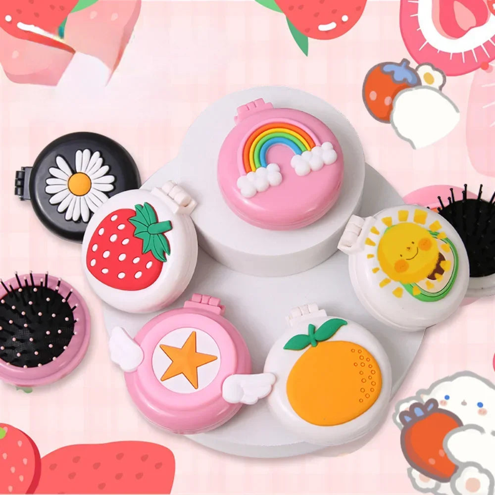 L569 Cute Cartoon Foldable Combs with Mirrors Girls Small Compact Kawaii Folding Comb Children Air Cushion Hair Styling Comb Portable
