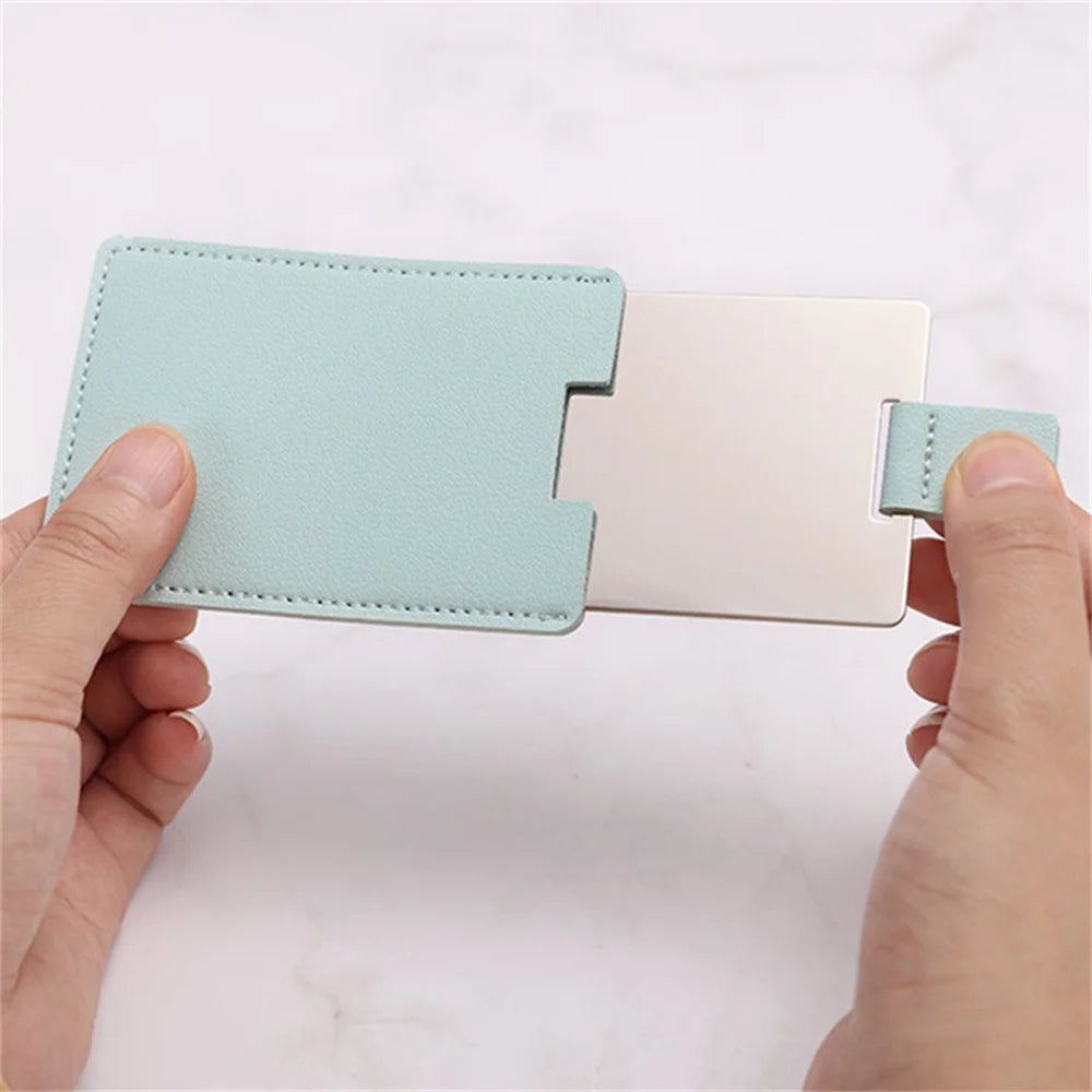 CX504 Leather Cover Rectangle Makeup Mirror Mini Portable Stainless Steel Cosmetic Mirror Compact Pocket Hand Standing Small Mirror