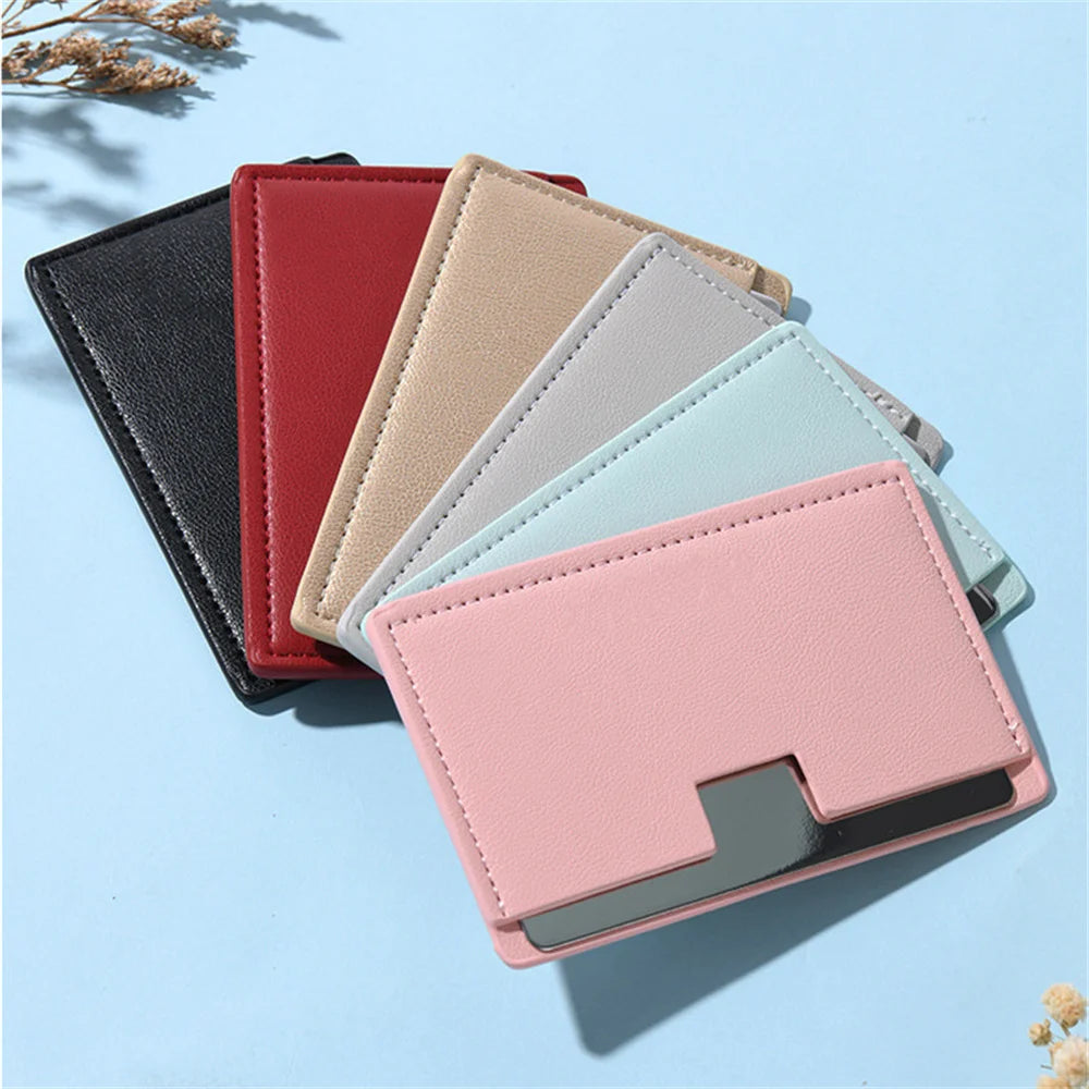 TSHOU1099 Portable Mini Unbreakable Makeup Mirror Shatter Proof Pocket Cosmetic Mirror Pu Leather Stainless Steel Card
