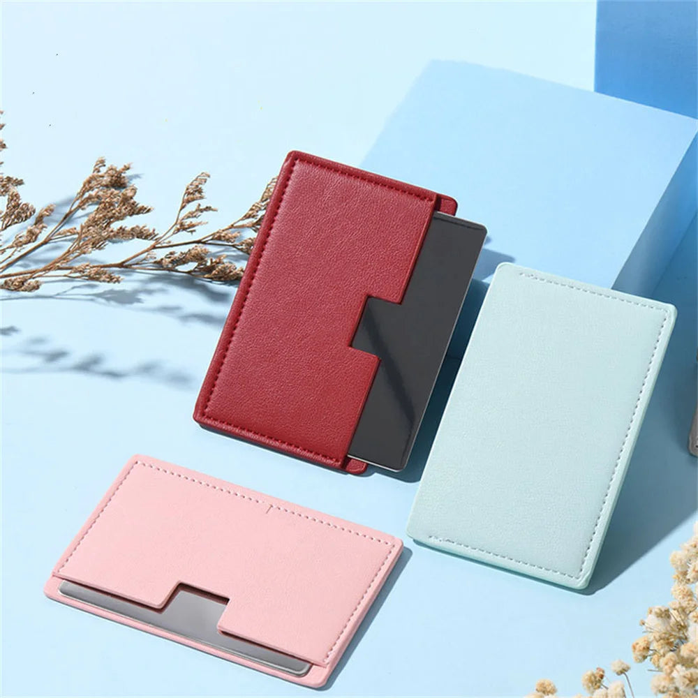 TSHOU1099 Portable Mini Unbreakable Makeup Mirror Shatter Proof Pocket Cosmetic Mirror Pu Leather Stainless Steel Card
