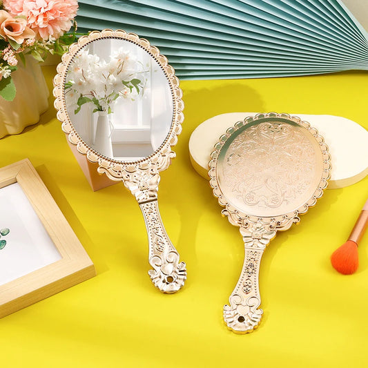 CX509 Rose Gold Portable Vintage Makeup Mirror Hand Hold Oval Round Mirror Noble Restore Ancient Ways Court Mirror Beauty Tool