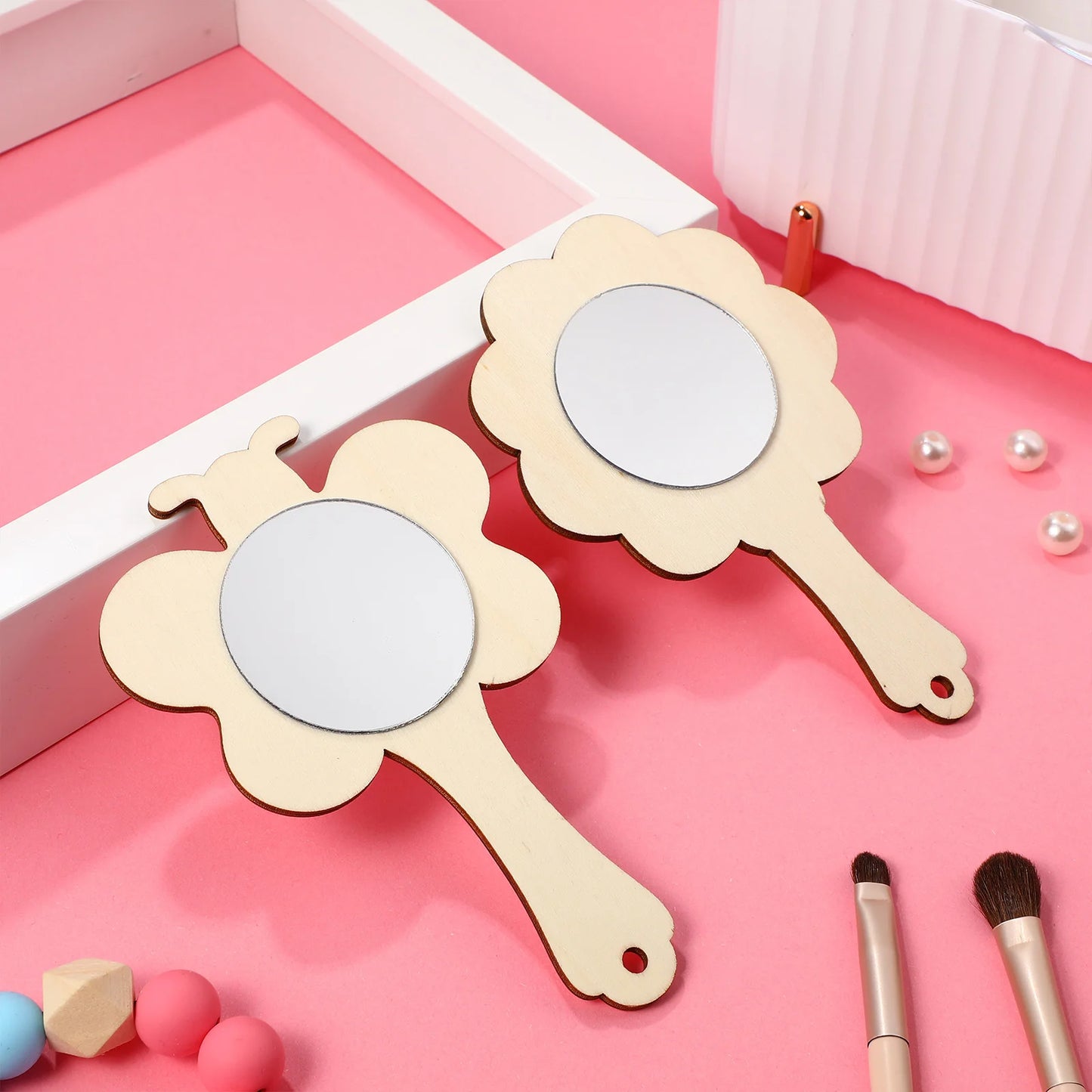 CX517  Natural Wood Mirror Craft Toy Unfinished Mini Mirrors Diy Handheld Painting Crafts For Creative Wooden Small Makeup