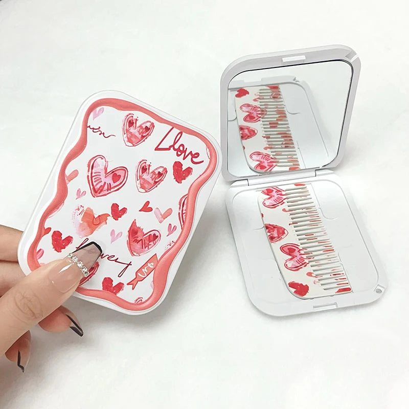 CX488 Small Mirror Comb Portable Pocket Mirror Love Flip-Top Folding Rectangle Makeup Mirror For Girl Gift Makeup Tool Vanity Miror