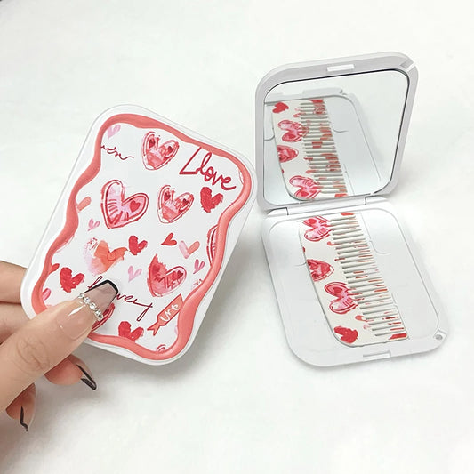 CX488 Small Mirror Comb Portable Pocket Mirror Love Flip-Top Folding Rectangle Makeup Mirror For Girl Gift Makeup Tool Vanity Miror
