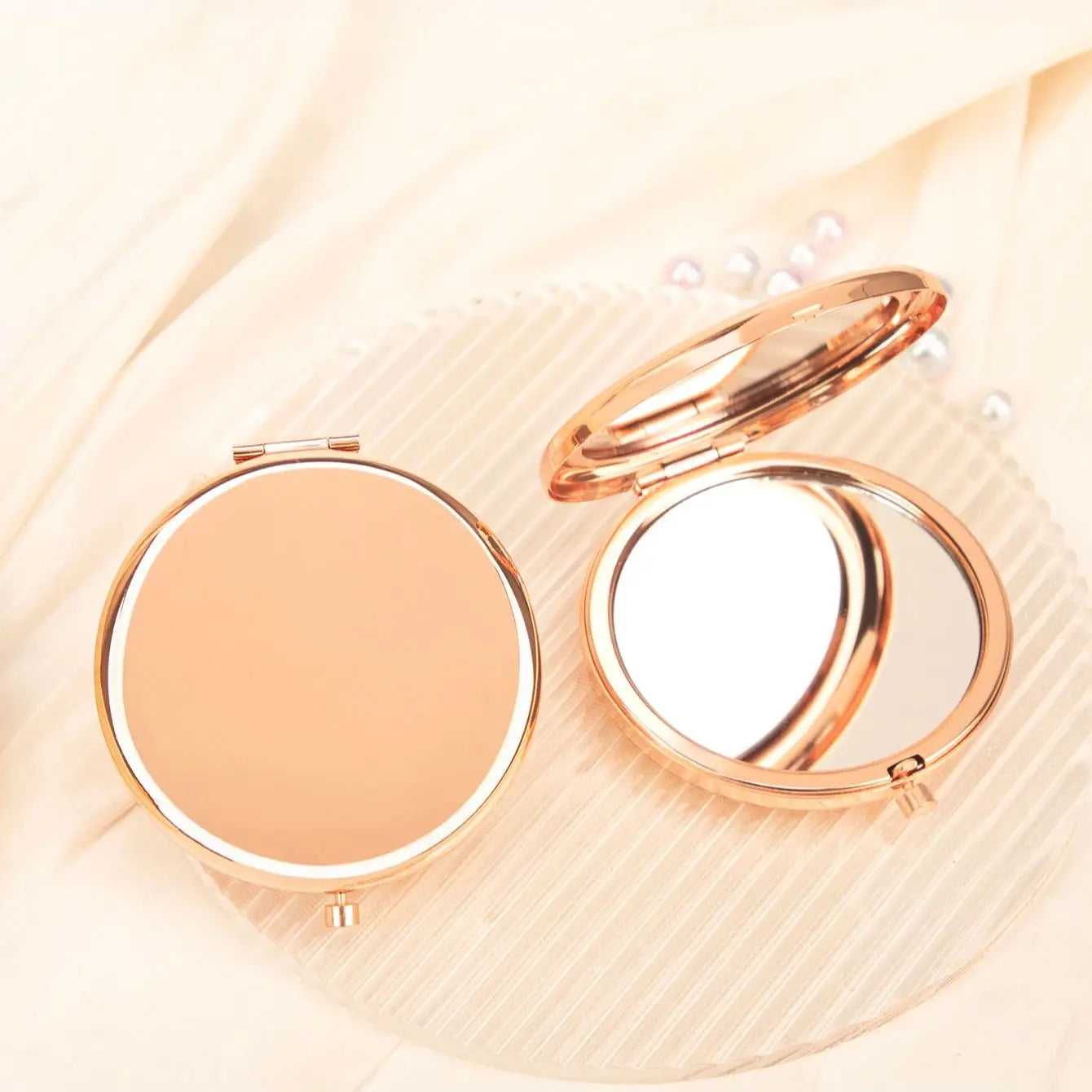 TSHOU1091「65mm Rose Gold Mirror」Double Side Round Makeup Mirror - HD Portable Pocket Mirror for Women Girls, Travel, Purse, Cosmetic (Gif
