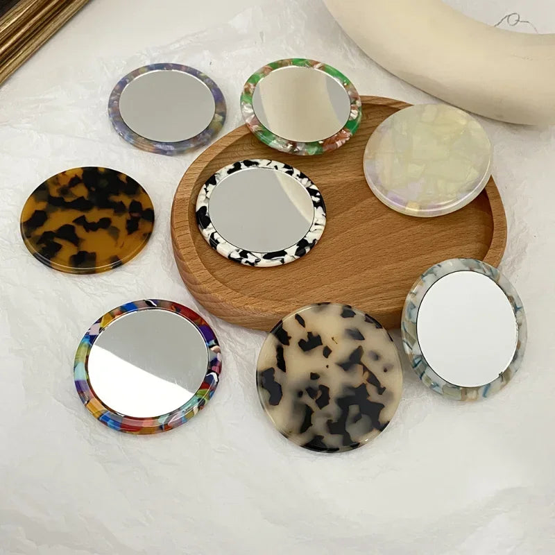 CASHOU187 Simple Acetate Small Round Mirror Small Zebra Pattern Makeup Mirror Portable Mini Round Makeup Mirror Travel Accessories