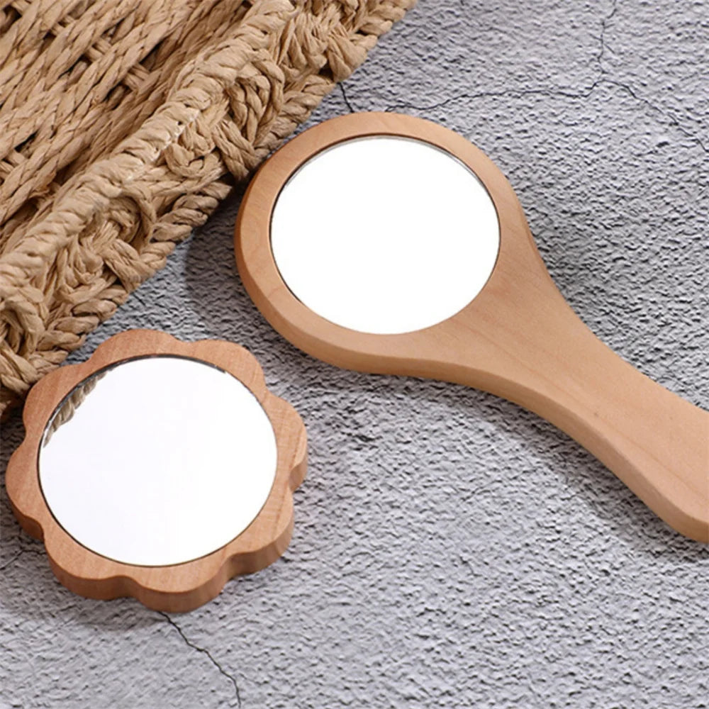 TSHOU1097 New Small Portable Bamboo Makeup Mirror Handmade Handle Round Cosmetic Mirror with Single Handle Personal Vanity Handheld Mirror