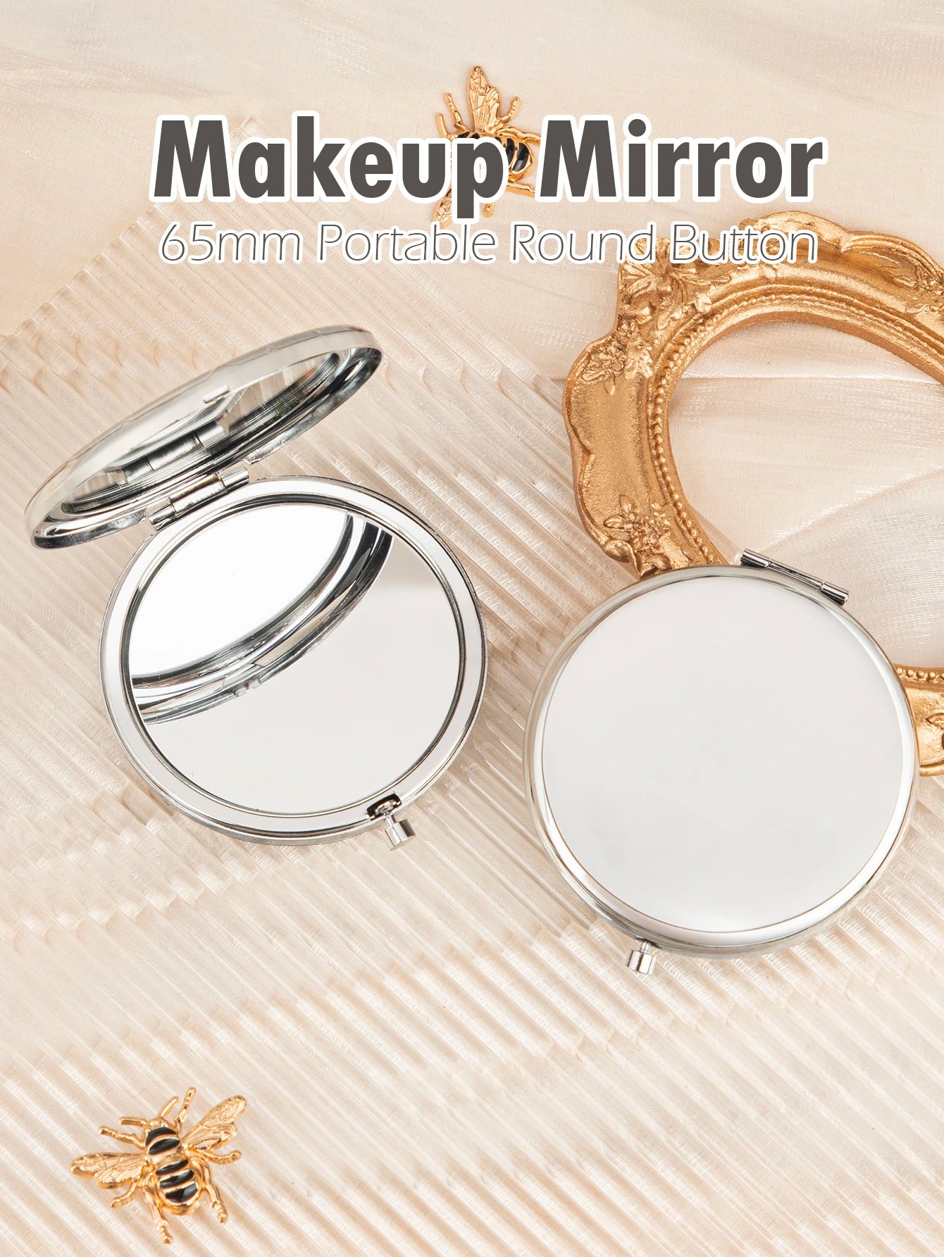 CASHOU205 Silver Round Double Sided HD Cosmetic Mirror, Travel Portable Compact Hand Mirror, Mini Metal Cosmetic Mirror, Gifts for Women