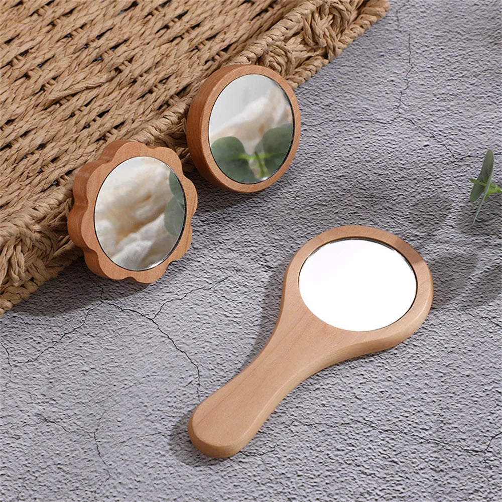 TSHOU1097 New Small Portable Bamboo Makeup Mirror Handmade Handle Round Cosmetic Mirror with Single Handle Personal Vanity Handheld Mirror