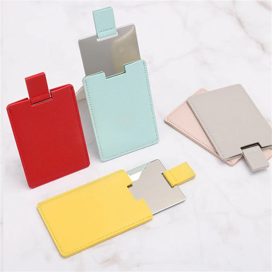 CX504 Leather Cover Rectangle Makeup Mirror Mini Portable Stainless Steel Cosmetic Mirror Compact Pocket Hand Standing Small Mirror